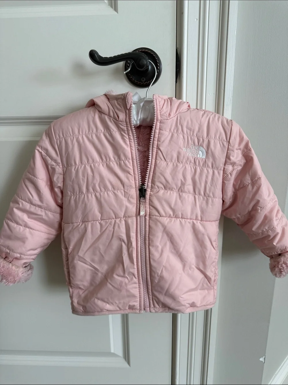Reversible The North Face Kids Pink Fuzzy Puffer Hooded Jacket